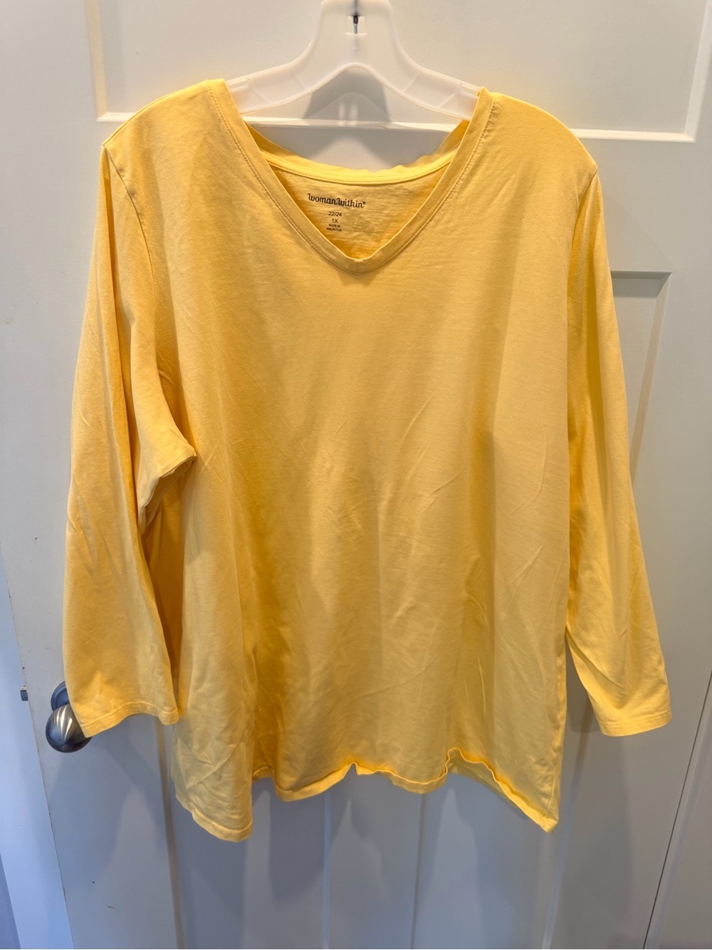 Woman Within 1X Yellow V-Neck Long Sleeve Tee Plus Size 22/24 Casual Top